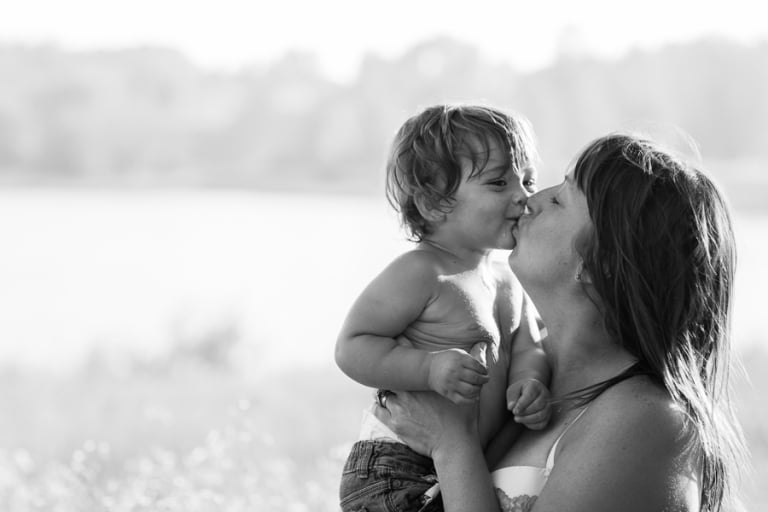black and white mother and son portrait