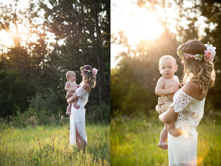 mom holds son for natural outdoor portrait