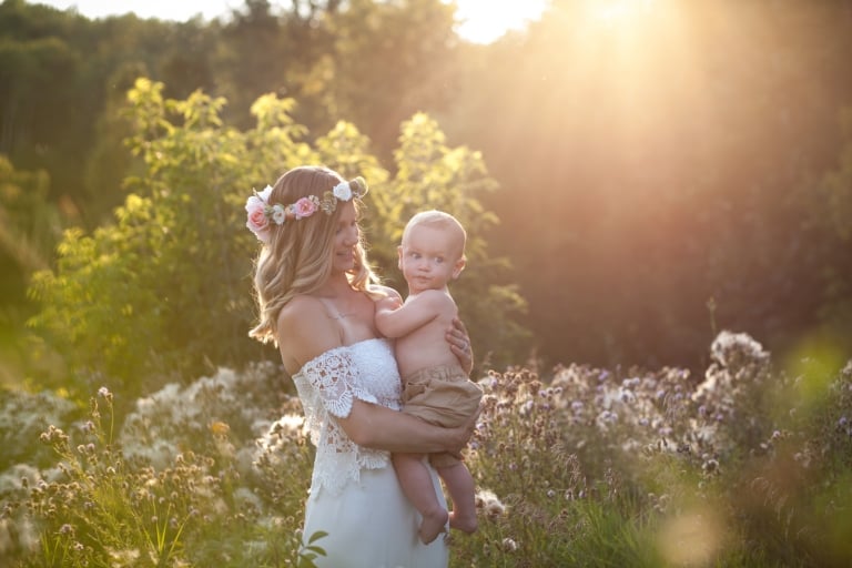 simple golden hour photo of mom and infant in parkland county, alberta