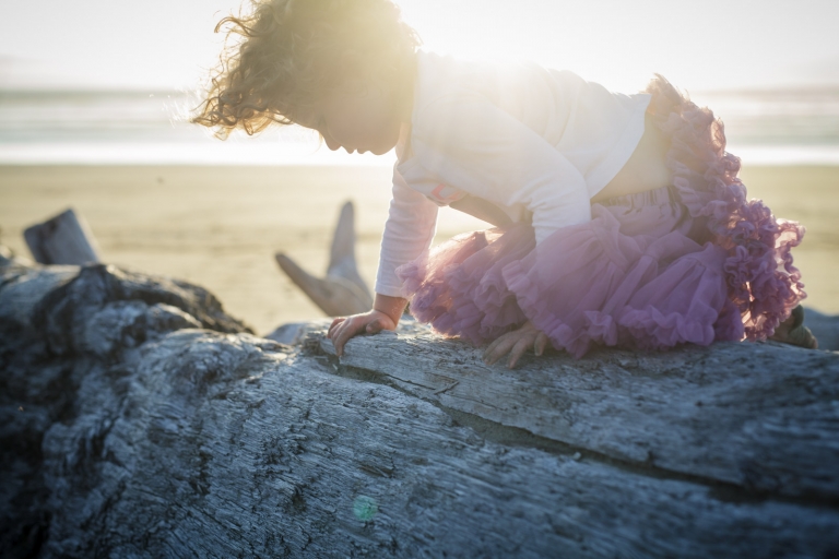 unscripted photograph of little girl climbing on driftwood by Edmonton photographer
