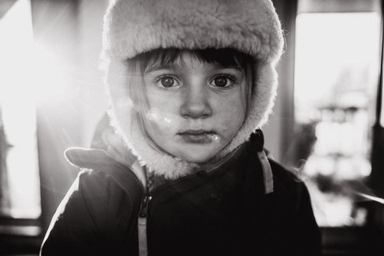 black and white portrait of girl in touque