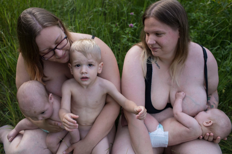 same sex family portrait of two moms of three including twins